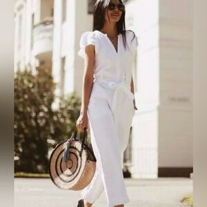 Zara White Rustic Cap Flutter Sleeve Jumpsuit Belted Cotton Summer Sz Small